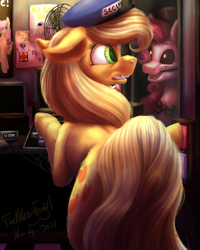 Size: 4000x5000 | Tagged: safe, artist:themessyfangirl, applejack, pinkie pie, earth pony, pony, robot, robot pony, g4, absurd resolution, animatronic, crossover, duo, five nights at freddy's, hat, security guard