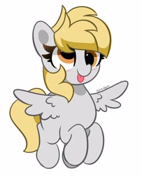 Size: 3014x3705 | Tagged: safe, artist:kittyrosie, derpy hooves, pegasus, pony, g4, :p, blushing, cute, derpabetes, female, high res, mare, signature, simple background, solo, spread wings, tongue out, white background, wings