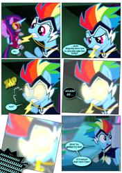 Size: 868x1230 | Tagged: safe, artist:dziadek1990, edit, edited screencap, screencap, rainbow dash, twilight sparkle, zapp, alicorn, pegasus, pony, g4, power ponies (episode), alternate hairstyle, bait and switch, clothes, comic, costume, duo, duo female, female, flying, implied drugs, jewelry, magic, magic overload, masked matter-horn costume, mouth hold, necklace, open mouth, parody, power ponies, scene parody, screencap comic, speech bubble, superhero, text, twilight sparkle (alicorn), unsure, white eyes, yelling