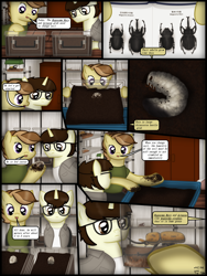 Size: 1750x2333 | Tagged: safe, artist:99999999000, oc, oc only, oc:cwe, oc:zhang cathy, beetle, earth pony, insect, pony, rhinoceros beetle, comic:visit, book, clothes, comic, female, glasses, grub, larva, male