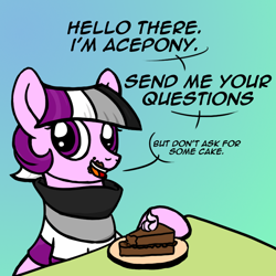 Size: 800x800 | Tagged: safe, artist:thedragenda, oc, oc only, oc:ace, oc:ace pony, earth pony, pony, ask-acepony, asexual, asexual pride flag, cake, female, food, mare, pride, pride ponies, solo