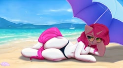 Size: 2082x1150 | Tagged: safe, artist:evlass, oc, oc only, oc:bubblegum kiss, pony, unicorn, beach, bikini, clothes, collar, commission, female, glasses, hoof on cheek, lying down, ocean, solo, supporting head, swimsuit, tongue out, umbrella, ych result