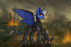 Size: 2106x1383 | Tagged: safe, artist:ondrea, oc, oc only, oc:maverick, oc:squall splitter, pegasus, pony, fallout equestria, armor, blue, disaster, enclave, enclave armor, frown, looking at you, male, pegasus oc, power armor, solo, stallion