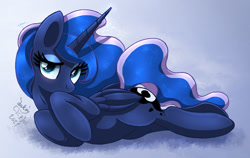 Size: 1900x1200 | Tagged: safe, artist:joakaha, princess luna, alicorn, pony, g4, cute, female, looking at you, lunabetes, lying down, mare, simple background, solo
