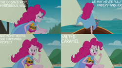 Size: 1280x720 | Tagged: safe, edit, edited screencap, editor:quoterific, screencap, pinkie pie, human, equestria girls, g4, my little pony equestria girls: better together, the salty sails, beach, boat, cape, clothes, female, lifejacket, one-piece swimsuit, open mouth, ship, solo, superhero, swimsuit
