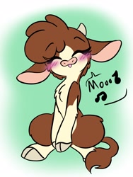 Size: 1536x2048 | Tagged: safe, artist:steelsoul, arizona (tfh), cow, them's fightin' herds, arizonadorable, blushing, chest fluff, cloven hooves, community related, cute, eyes closed, female, happy, missing accessory, music notes, onomatopoeia, simple background, singing, sitting, solo, speech bubble