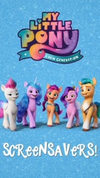 Size: 736x1308 | Tagged: safe, hitch trailblazer, izzy moonbow, pipp petals, sunny starscout, zipp storm, earth pony, pegasus, pony, unicorn, g5, official, abstract background, blue background, female, male, mane five, mare, my little pony: a new generation logo, pinterest, simple background, stallion, text