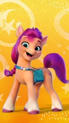 Size: 736x1308 | Tagged: safe, sunny starscout, earth pony, pony, g5, official, abstract background, female, looking at you, mare, orange background, pinterest, simple background, solo