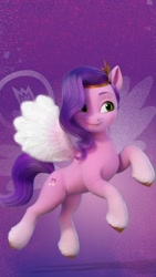 Size: 736x1308 | Tagged: safe, pipp petals, pegasus, pony, g5, official, abstract background, adorapipp, beautiful, cute, female, flying, mare, pinterest, purple background, simple background, solo