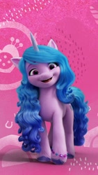 Size: 736x1308 | Tagged: safe, izzy moonbow, pony, unicorn, g5, official, abstract background, female, looking at you, mare, pink background, pinterest, simple background, solo