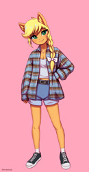 Size: 1526x2945 | Tagged: safe, artist:mrscroup, applejack, earth pony, anthro, plantigrade anthro, g4, alternate hairstyle, breasts, cleavage, clothes, converse, cute, jackabetes, midriff, pink background, plaid shirt, reasonably sized breasts, shirt, shoes, shorts, simple background, sneakers, solo