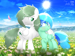 Size: 2000x1500 | Tagged: safe, artist:jadebreeze115, oc, oc only, pegasus, pony, base used, cute, eyebrows, eyebrows visible through hair, flower, gay, holding, looking at each other, male, meadow, oc x oc, ocbetes, pegasus oc, shipping, side hug, smiling, smiling at each other, stallion
