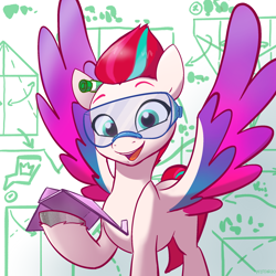 Size: 2048x2048 | Tagged: safe, artist:pfeffaroo, zipp storm, pegasus, pony, g5, adorazipp, cute, female, goggles, high res, holding, looking at you, mare, open mouth, paper airplane, safety goggles, science, solo, spread wings, unshorn fetlocks, wings