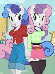 Size: 600x800 | Tagged: safe, artist:flash equestria photography, sweetie belle, oc, oc:silver sweet, anthro, g4, brother and sister, busty boy, crotch bulge, female, intersex, male, older, older sweetie belle, show accurate, show accurate anthro, siblings