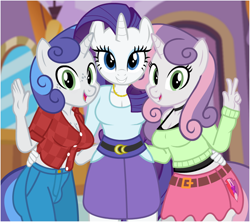 Size: 900x800 | Tagged: safe, artist:flash equestria photography, rarity, sweetie belle, oc, oc:silver sweet, unicorn, anthro, g4, boob freckles, brother and sister, brother and sisters, busty boy, clothes, crotch bulge, equestria girls outfit, female, freckles, intersex, looking at you, looking sideways, male, mare, older, older sweetie belle, show accurate, show accurate anthro, siblings, stallion