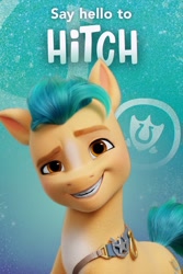 Size: 1000x1499 | Tagged: safe, hitch trailblazer, earth pony, pony, g5, my little pony: a new generation, dreamworks face, grin, looking at you, male, raised eyebrow, smiling, solo, stallion, text
