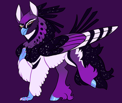 Size: 2600x2200 | Tagged: safe, artist:loryska, oc, oc only, hippogriff, colored wings, high res, interspecies offspring, magical lesbian spawn, multicolored wings, offspring, parent:princess luna, parent:queen novo, parents:lunovo, purple background, simple background, solo, wings