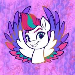 Size: 2048x2048 | Tagged: safe, artist:sophillia, zipp storm, pegasus, pony, g5, abstract background, adorazipp, bust, cute, feather, female, high res, looking at you, mare, smiling, solo, spread wings, wings