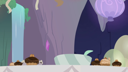 Size: 1280x720 | Tagged: safe, screencap, g4, season 9, student counsel, background, bowl, cupcake, food, maud's cave, no pony, scenic ponyville, waterfall