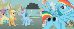 Size: 1400x563 | Tagged: safe, edit, edited screencap, screencap, applejack, blue october, blueberry muffin, dizzy twister, lyra heartstrings, orange swirl, rainbow dash, trixie, earth pony, pegasus, pony, unicorn, boast busters, g4, abuse, bedroom eyes, burned, burned butt, burned butt fetish, butt, buttcheeks, electrixie, featureless crotch, female, fetish, hot buns, implied trixie, irritated, lightning, literal butthurt, mare, on fire, outdoors, pain, plot, ponyville, pun, rainbow dash is not amused, scorched, shocked, singed, smiling, smoke, spread wings, stormcloud, this ended in fire, this is going to hurt, turned head, unamused, visual pun, we don't normally wear clothes, wings