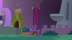Size: 1280x720 | Tagged: safe, screencap, g4, student counsel, background, balcony, banner, fountain, night, no pony, scenic ponyville, school of friendship