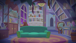 Size: 1280x720 | Tagged: safe, screencap, g4, student counsel, background, book, couch, globe, liminal space, no pony, rug, scenic ponyville, school of friendship, starlight's office