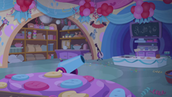 Size: 1280x720 | Tagged: safe, screencap, g4, student counsel, background, balloon, chalkboard, classroom, liminal space, night, no pony, party cannon, scenic ponyville, school of friendship