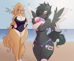 Size: 1842x1515 | Tagged: safe, artist:bunnywhiskerz, oc, oc only, dog, pegasus, anthro, digitigrade anthro, unguligrade anthro, beach, bedroom eyes, belly button, big breasts, bikini, blushing, breasts, clothes, coat markings, cuddling, digital art, duo, duo female, eye markings, eyes closed, facial markings, female, fluffy, furry, furry oc, ocean, one eye closed, one-piece swimsuit, pale belly, sand, sky, socks (coat markings), spread wings, swimsuit, tail, thighs, two toned wings, wide hips, wings