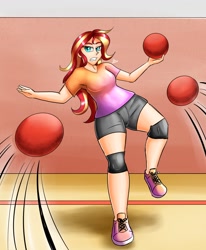 Size: 1400x1700 | Tagged: safe, artist:zachc, sunset shimmer, equestria girls, g4, action lines, ball, clothes, dodge, dodgeball, female, gritted teeth, gym, knee pads, shorts, solo, tennis shoes