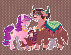 Size: 2224x1708 | Tagged: safe, artist:orphicswan, lily longsocks, yona, oc, oc only, oc:ollie, hybrid, original species, pony, yakony, g4, alternate design, cloven hooves, family, female, interspecies offspring, lesbian, magical lesbian spawn, offspring, parent:lily longsocks, parent:yona, shipping, solo