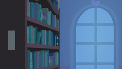 Size: 1280x720 | Tagged: safe, screencap, g4, student counsel, background, book, bookshelf, library, night, no pony, scenic ponyville, school of friendship, window
