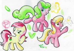 Size: 1280x894 | Tagged: safe, artist:michiito, daisy, flower wishes, lily, lily valley, roseluck, earth pony, pony, g4, female, flower, flower in hair, flower trio, mare, one eye closed, raised leg, traditional art, trio, trio female, underhoof