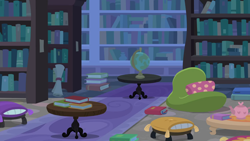Size: 1280x720 | Tagged: safe, screencap, g4, student counsel, background, book, bookshelf, couch, globe, library, liminal space, pillow, scenic ponyville, school of friendship, scroll, teapot