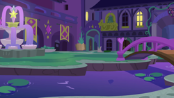 Size: 1280x720 | Tagged: safe, screencap, g4, student counsel, background, bridge, fountain, lilypad, night, no pony, river, scenic ponyville, school of friendship, stream, water, waterlily