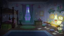 Size: 1280x720 | Tagged: safe, screencap, g4, student counsel, background, bed, bedroom, book, bunk bed, desk, dormitory, ladder, lamp, moon, night, no pony, scenic ponyville, school of friendship