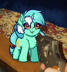 Size: 3438x3686 | Tagged: safe, artist:witchtaunter, lyra heartstrings, pony, unicorn, g4, at gunpoint, chest fluff, cute, ear fluff, faic, gun, handgun, high res, irl, l.u.l.s., lyrabetes, meme, oblivious, offscreen character, offscreen human, photo, ponies in real life, ponified, ponified meme, revolver, smiling, threatening, weapon