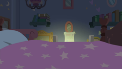 Size: 1280x720 | Tagged: safe, screencap, g4, student counsel, background, bed, bedroom, night, no pony, scenic ponyville, school of friendship, sheet