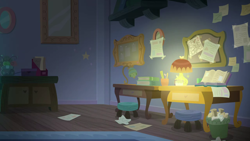Size: 1280x720 | Tagged: safe, screencap, g4, season 9, student counsel, background, bedroom, desk, dormitory, night, no pony, paper, scenic ponyville