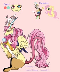 Size: 1080x1289 | Tagged: safe, artist:srdionys, discord, fluttershy, oc, draconequus, hybrid, pegasus, pony, g4, digital art, dragon wings, energy ball, female, flower, heterochromia, instagram, interspecies offspring, long mane, male, offspring, parent:discord, parent:fluttershy, parents:discoshy, pegasus wings, pink background, ship:discoshy, shipping, signature, simple background, spiky tail, straight, wings