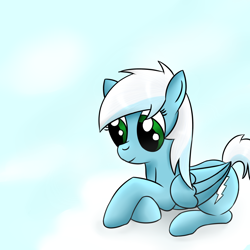 Size: 1280x1280 | Tagged: safe, artist:ask-fleetfoot, fleetfoot, pegasus, pony, g4, alternate hairstyle, ask-fleetfoot, blue coat, blue mane, blue tail, cloud, female, green eyes, lying down, mare, prone, solo, tail, two toned mane, white mane, white tail, wings