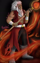 Size: 1240x1929 | Tagged: safe, artist:reminic, lord tirek, human, g4, abs, dark skin, fire, humanized, magic, male, nose piercing, nose ring, piercing, septum piercing, solo, staff