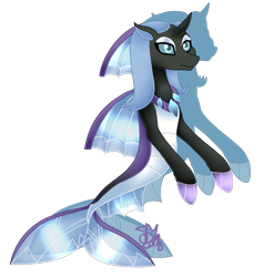Size: 1903x1999 | Tagged: safe, artist:spokenmind93, oc, oc only, changedling, changeling, hybrid, pony, seapony (g4), tapu fini, adoptable, blue changeling, double colored changeling, female, fish tail, legendary pokémon, lidded eyes, pokémon, ponified, ponymon, purple changeling, simple background, solo, transparent background