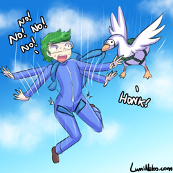 Size: 750x750 | Tagged: safe, artist:lumineko, oc, oc:software patch, bird, goose, human, clothes, falling, goggles, humanized, humanized oc, jumpsuit, oc abuse, parachute, this will end in death, untitled goose game