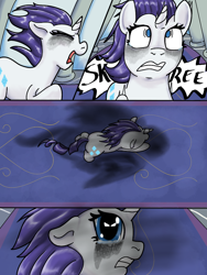 Size: 768x1024 | Tagged: safe, artist:doomfister, artist:mrleft, gallus, rarity, twilight sparkle, pony, unicorn, series:school snacks, g4, carnivore, comic, crying, female, galluspred, griffons doing griffon things, imminent vore, looking back, makeup, mare, mythologically accurate, predator vs prey, running, running makeup, scared, shadow, story in the source