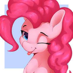 Size: 2400x2400 | Tagged: safe, artist:aquaticvibes, pinkie pie, earth pony, pony, :p, ;p, abstract background, cute, diapinkes, ear fluff, female, high res, mare, one eye closed, simple background, solo, tongue out, wink