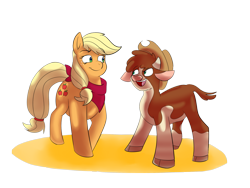 Size: 2000x1500 | Tagged: safe, artist:heartbeat420, applejack, arizona (tfh), cow, earth pony, pony, them's fightin' herds, g4, accessory swap, bandana, cloven hooves, community related, cowboy hat, crossover, duo, female, hat, looking at each other, mare, simple background, transparent background