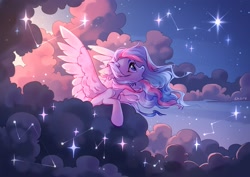 Size: 2048x1448 | Tagged: safe, artist:shore2020, oc, oc only, pegasus, pony, cloud, constellation, ear fluff, open mouth, solo, sparkles, spread wings, stars, wings