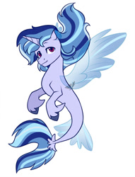 Size: 781x1023 | Tagged: safe, artist:naheletocho, oc, oc only, alicorn, pony, seapony (g4), blue eyes, blue mane, clothes, dorsal fin, fin wings, fish tail, flowing mane, flowing tail, purple eyes, seaponified, see-through, simple background, smiling, solo, species swap, tail, unshorn fetlocks, white background, wings