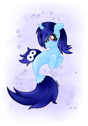 Size: 1075x1532 | Tagged: safe, artist:jessyxkisuxkata, oc, oc only, pony, seapony (g4), unicorn, blue mane, bubble, dorsal fin, fish tail, flowing mane, flowing tail, horn, multicolored eyes, seaponified, signature, simple background, smiling, solo, species swap, tail, transparent background, underwater, water