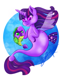 Size: 2190x2738 | Tagged: safe, artist:xenyu, spike, twilight sparkle, alicorn, fish, pony, puffer fish, seapony (g4), g4, my little pony: the movie, blue background, bubble, clothes, dorsal fin, female, fin wings, fish tail, flowing mane, flowing tail, green eyes, high res, looking at each other, male, purple eyes, seaponified, seapony twilight, see-through, signature, simple background, smiling, species swap, spike the pufferfish, spikelove, tail, transparent background, twilight sparkle (alicorn), underwater, water, wings